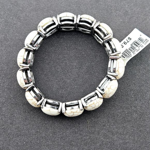 Round Beige Stone Cabochon Stretch Bracelet Stackable Southwestern Cowgirl New - Picture 1 of 4